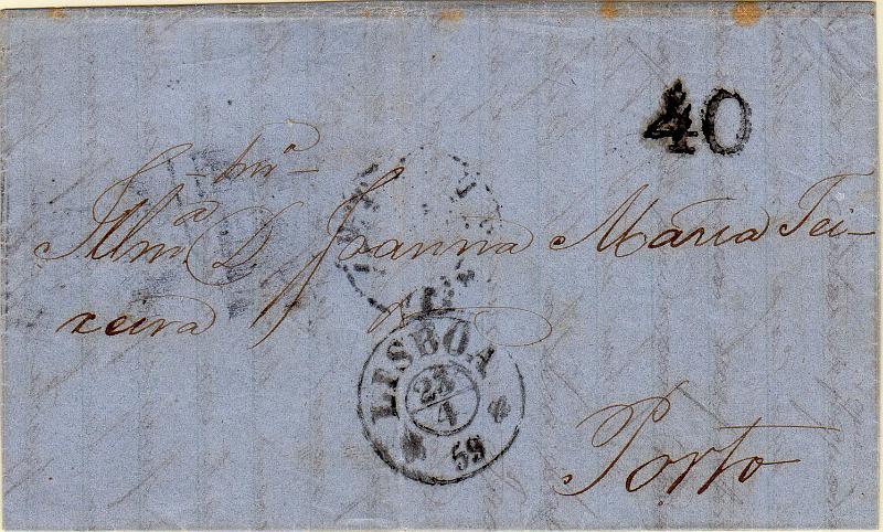 0005.jpg -     Lote:    5      J. M. Castanheira da Silveira             Descrição:         1859 &mdash; Porteado. Primeiro período * 2.ª tabela. Carta remetida de Pernambuco (06.03.59) para Porto com trânsito por Lisboa (23.04.59). Provavelmente transportada em mão foi colocada no correio em Lisboa com porte a pagar. Foi porteada em 40 reis. Selo fixo batido a preto. Carimbo circular datado de LISBOA batido a preto.         Carta       Valor Base:     &euro; 20,00     Valor Venda:     &euro;      