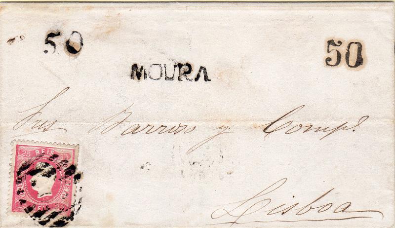 0008.jpg -     Lote:    8      J. M. Castanheira da Silveira             Descrição:         Porteado. Segundo período. 1867/70 &mdash; D. Luís I. Fita curva. Denteados. Carta circulada de Barrancos (05.02.71) para Lisboa (07.02.71) com trânsito por Beja (07.02.71) com selo de 25 reis CE30. Insuficientemente franquiada foi porteada em 50 reis. Selo fixo batido a preto. Carimbo nominativo de MOURA.        Carta       Valor Base:     &euro; 40,00     Valor Venda:     &euro;      
