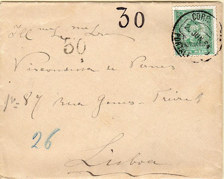 0009.jpg -     Lote:    9      J. M. Castanheira da Silveira             Descrição:         Porteado. Selos fixos. 1892/93 &mdash; D. Luís I, com sobrecarga PROVISÓRIO. CE81, 10 reis verde em sobrescrito circulado de Portalegre (24.06.94) com insuficiência de franquia de 15 reis. Foi porteado com o dobro do porte em falta com selo fixo de 30 reis batido a preto, duplamente aplicado em Portalegre e Lisboa.        Carta       Valor Base:     &euro; 30,00     Valor Venda:     &euro;      