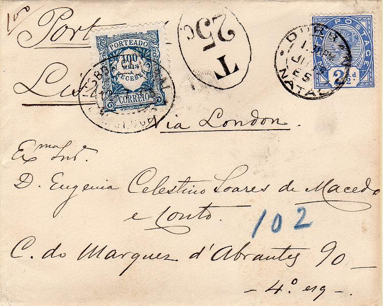 0022.jpg -     Lote:    22      J. M. Castanheira da Silveira             Descrição:         1904 &mdash; Porteado. Emissão regular. Valor em reis. Sobrescrito circulado do Natal (13.07.05) para Lisboa (12.07.05) com selo de 2 &frac12; d. Insuficientemente franquiado foi porteado com o dobro do porte em falta (2 &frac12; d = 25c = 50 reis x 2 = 100 reis) com selo de 100 reis CE POR 13. MB e MR.        Carta       Valor Base:     &euro; 50,00     Valor Venda:     &euro;      