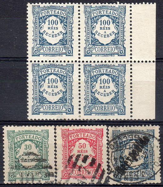 0023.jpg -     Lote:    23      J. M. Castanheira da Silveira             Descrição:         1904 &mdash; Porteado. Emissão regular. Valor em reis. Lote composto por quadra nova de 100 reis (um selo com transparência), CE POR13 + selos usados de 30, 50 e 100 reis CE POR 10, 12 e 13.        ***/O       Valor Base:     &euro; 20,00     Valor Venda:     &euro;      