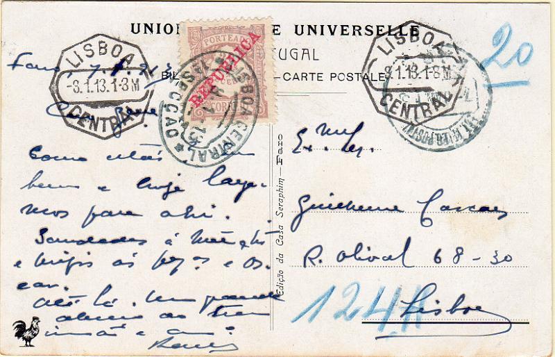 0026.jpg -     Lote:    26      J. M. Castanheira da Silveira             Descrição:         1911 &mdash; Porteado. Emissão regular, com sobrecarga REPUBLICA. Postal ilustrado circulado de Faro (01.01.13) para Lisboa (03.01.13) sem franquia. Foi porteado com o dobro do porte em falta com selo de 20 reis CE POR16.        PI       Valor Base:     &euro; 20,00     Valor Venda:     &euro;      