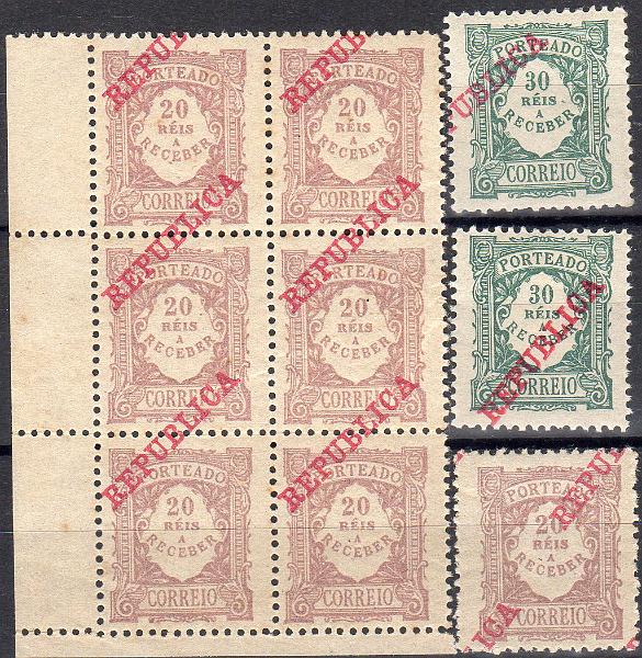 0027.jpg -     Lote:    27      J. M. Castanheira da Silveira             Descrição:         1911 &mdash; Porteado. Emissão regular, com sobrecarga REPUBLICA. Lote composto por bloco de 6 selos de 20 reis + selo isolado CE POR16 + dois selos de 30 reis CE POR17. Todos com a sobrecarga deslocada.         ***/**       Valor Base:     &euro; 15,00     Valor Venda:     &euro;      