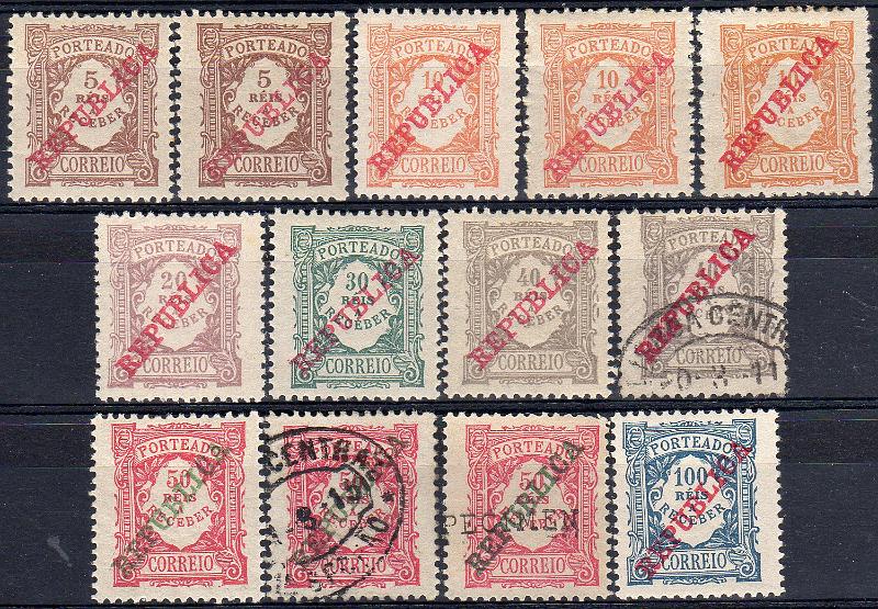 0030.jpg -     Lote:    30      J. M. Castanheira da Silveira             Descrição:         1911 &mdash; Porteado. Emissão regular, com sobrecarga REPUBLICA. Lote composto por série completa nova + repetições novas e usadas. Selo de 50 reis com sobrecarga SPECIMEN.         ***/O       Valor Base:     &euro; 10,00     Valor Venda:     &euro;      