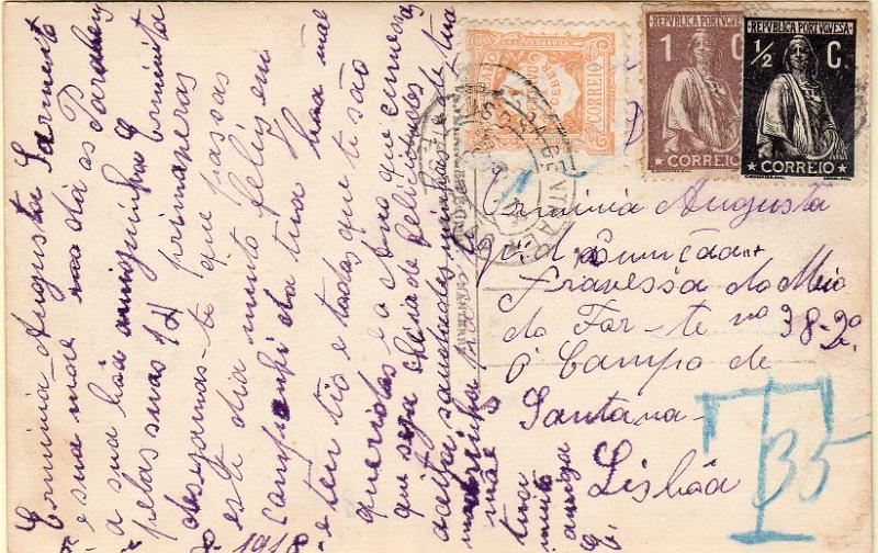 0033.jpg -     Lote:    33      J. M. Castanheira da Silveira             Descrição:         1915 &mdash; Porteado. Emissão regular. Valor em centavos. Postal ilustrado circulado para Lisboa (08.08.18) com selos de &frac12; C CE207 e 1C CE221. Porte em falta de &frac12;, sendo porteado no dobro com selo de 1c CE22. B e R.        PI       Valor Base:     &euro; 20,00     Valor Venda:     &euro;      