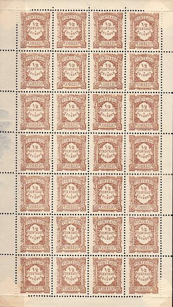 0046.jpg -     Lote:    46      J. M. Castanheira da Silveira             Descrição:         1915 &mdash; Porteado. Emissão regular. Valor em centavos. CE POR 21, &frac12; c castanho em papel pontinhado. Folha completa com 28 selos. Valor de catálogo &euro; 50,40.        ***       Valor Base:     &euro; 10,00     Valor Venda:     &euro;      