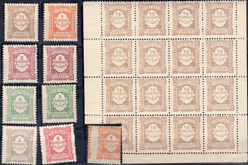 0047.jpg -     Lote:    47      J. M. Castanheira da Silveira             Descrição:         1915 &mdash; Porteado. Emissão regular. Valor em centavos. Lote composto por 11 selos de &frac12; a 5c CE POR 2&frac12;6, com repetições com tonalidades + bloco de 16 selos de &frac12; c. Todos os selos em papel liso.        ***/**       Valor Base:     &euro; 5,00     Valor Venda:     &euro;      