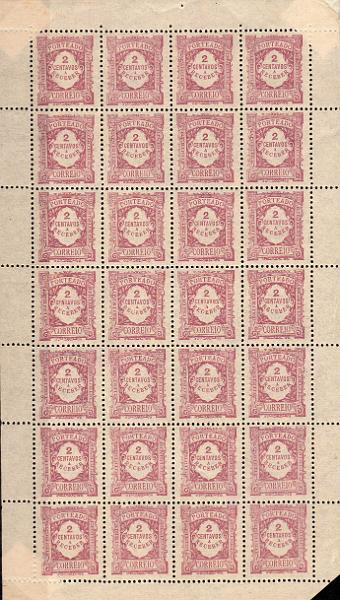 0049.jpg -     Lote:    49      J. M. Castanheira da Silveira             Descrição:         1915 &mdash; Porteado. Emissão regular. Valor em centavos. CE POR 23, 2c lilás vermelho em papel liso. Folha completa com 28 selos. Valor de catálogo &euro; 54,40.        ***       Valor Base:     &euro; 10,00     Valor Venda:     &euro;      