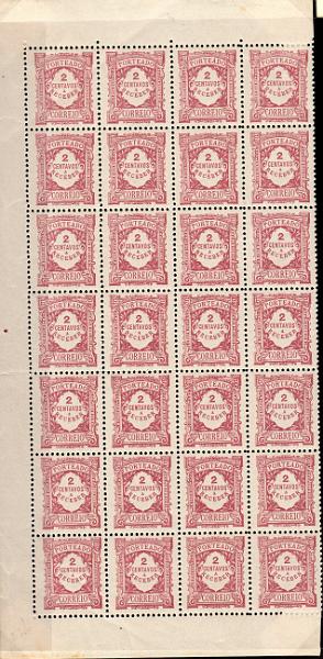0050.jpg -     Lote:    50      J. M. Castanheira da Silveira             Descrição:         1915 &mdash; Porteado. Emissão regular. Valor em centavos. CE POR 23, 2c lilás vermelho em papel liso. Folha completa com 28 selos. Valor de catálogo &euro; 50,40.        ***       Valor Base:     &euro; 10,00     Valor Venda:     &euro;      