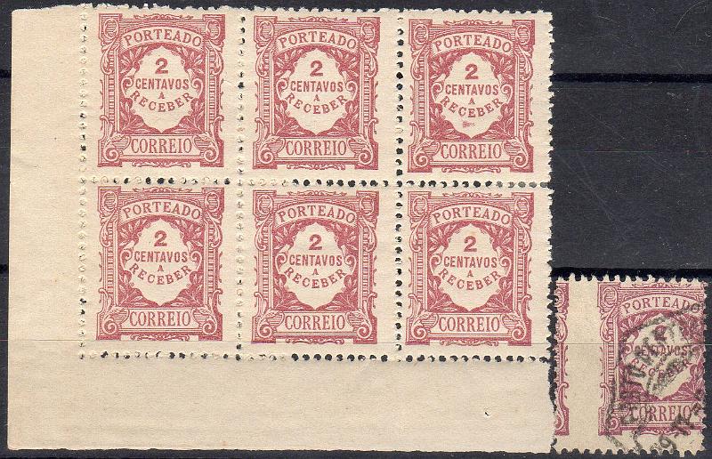 0051.jpg -     Lote:    51      J. M. Castanheira da Silveira             Descrição:         1915 &mdash; Porteado. Emissão regular. Valor em centavos. CE POR23, 2C lilás-vermelho. Lote composto por bloco de 6 selos canto de folha, papel liso acetinado espesso + selo com acentuada deslocação do denteado.        ***/O       Valor Base:     &euro; 6,00     Valor Venda:     &euro;      