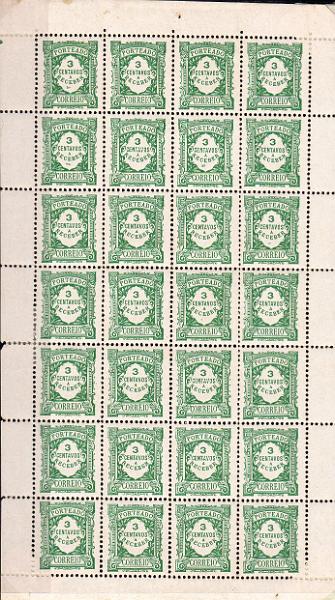 0052.jpg -     Lote:    52      J. M. Castanheira da Silveira             Descrição:         1915 &mdash; Porteado. Emissão regular. Valor em centavos. CE POR 24, 3c verde em papel porcelana. Folha completa com 28 selos. Valor de catálogo &euro; 186,80.        ***       Valor Base:     &euro; 25,00     Valor Venda:     &euro;      