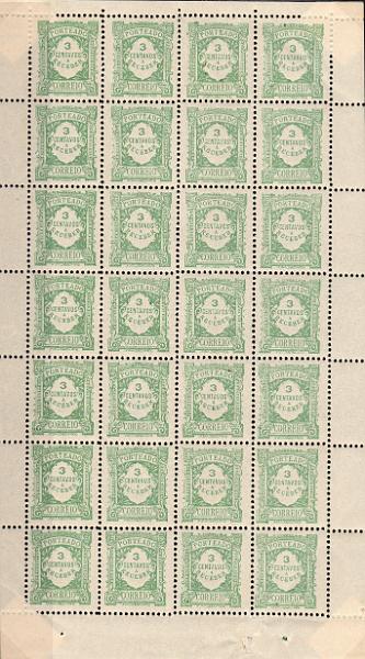 0053.jpg -     Lote:    53      J. M. Castanheira da Silveira             Descrição:         1915 &mdash; Porteado. Emissão regular. Valor em centavos. CE POR 24, 3c verde em papel pontinhado. Folha completa com 28 selos. Valor de catálogo &euro; 50,40.        ***       Valor Base:     &euro; 10,00     Valor Venda:     &euro;      