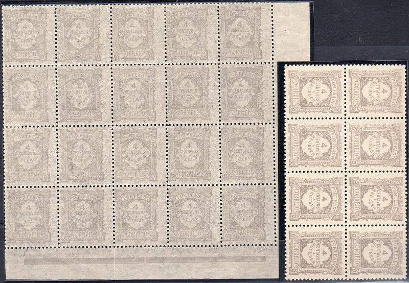 0054.jpg -     Lote:    54      J. M. Castanheira da Silveira             Descrição:         1915 &mdash; Porteado. Emissão regular. Valor em centavos. CE POR 25, 4c violeta cinzento. Bloco com 20 selos em papel pontinhado + bloco com 8 selos em papel liso. Valor de catálogo &euro; 54.40.        ***       Valor Base:     &euro; 10,00     Valor Venda:     &euro;      