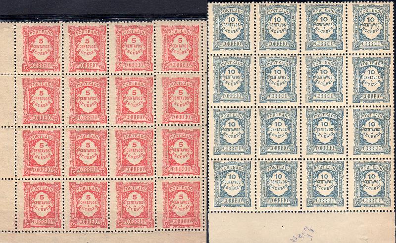0055.jpg -     Lote:    55      J. M. Castanheira da Silveira             Descrição:         1915 &mdash; Porteado. Emissão regular. Valor em centavos. Lote composto por bloco de 16 selos de 5c em papel liso, CE POR26 + bloco com 16 selos de 10c CE POR10 em papel liso. Valor de catálogo &euro; 77,60.        ***       Valor Base:     &euro; 12,00     Valor Venda:     &euro;      
