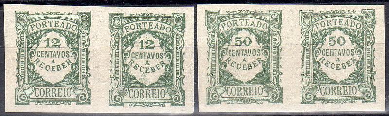 0056.jpg -     Lote:    56      J. M. Castanheira da Silveira             Descrição:         1922/27 &mdash; Porteado. Emissão regular. Unicolor. Dois pares de provas não denteadas dos valores de 12c e 50c CE POR32 e 40.        PRV       Valor Base:     &euro; 10,00     Valor Venda:     &euro;      