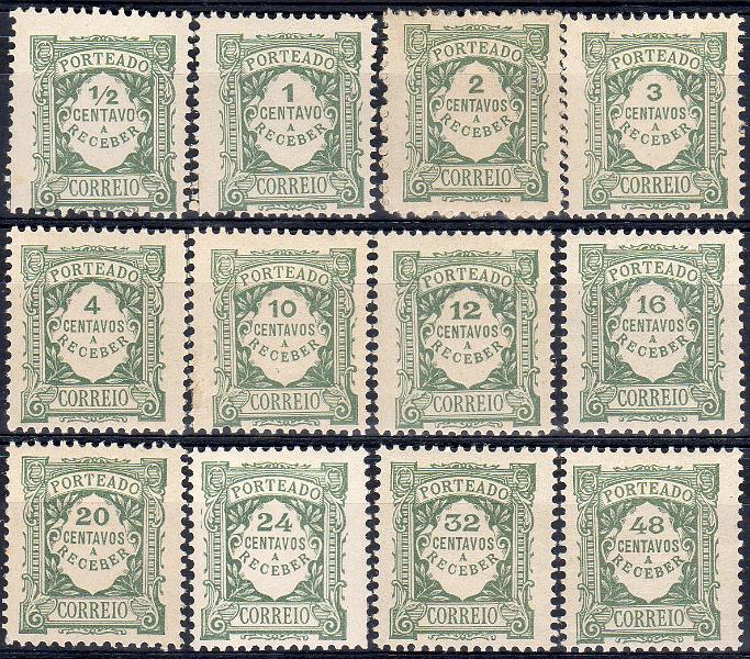 0057.jpg -     Lote:    57      J. M. Castanheira da Silveira             Descrição:         1922/27 &mdash; Porteado. Emissão regular. Unicolor. Doze ensaios em papel acetinado, dos valores de &frac12;, 1, 2, 3, 4, 10, 12, 16, 20, 24, 32 e 48c. Os valores de 1, 2 e 3c não foram emitidos. MB e MR.        PRV       Valor Base:     &euro; 30,00     Valor Venda:     &euro;      
