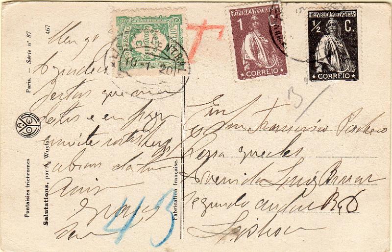 0058.jpg -     Lote:    58      J. M. Castanheira da Silveira             Descrição:         1915 &mdash; Porteado. Emissão regular. Valor em centavos. Postal ilustrado circulado com selos tipo Ceres de &frac12; c CE 207 e 1c CE221, para lisboa (10.01.20). Sendo o porte dos postais ilustrados de 3c foi porteado no dobro do porte em falta com selo de 3c CE POR24.        PI       Valor Base:     &euro; 20,00     Valor Venda:     &euro;      