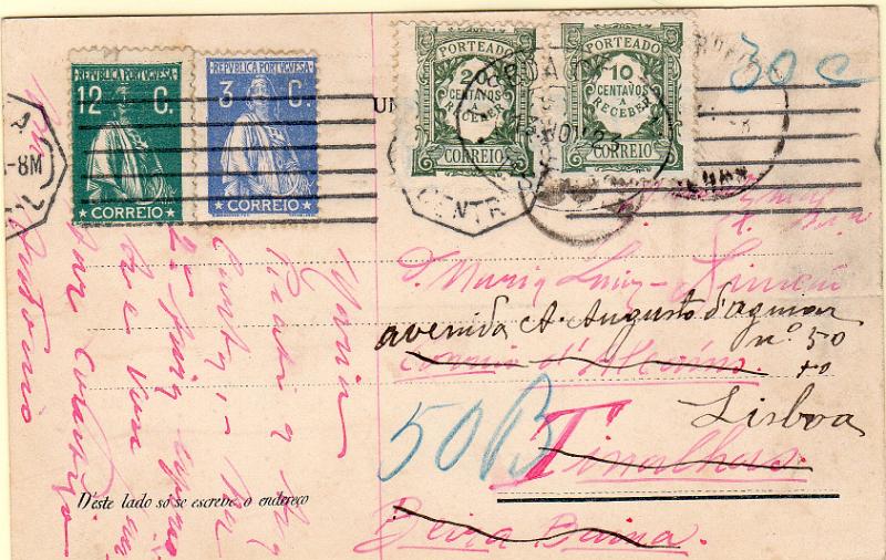 0059.jpg -     Lote:    59      J. M. Castanheira da Silveira             Descrição:         1922/27 &mdash; Porteado, Emissão regular. Unicolor. Postal ilustrado circulado para Tinalhas com selos tipo Ceres de 3c e 12c CE 235 e 238 para Tinalhas, foi reendereçado e reenviado para Lisboa (13.11.23) sem nova franquia, tendo sido porteado no dobro da franquia em falta com selos de 10 e 20c CE POR31 e 34. Mb e R.        PI       Valor Base:     &euro; 20,00     Valor Venda:     &euro;      