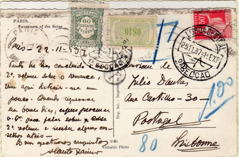 0063.jpg -     Lote:    63      J. M. Castanheira da Silveira             Descrição:         1922/27 &mdash; Porteado. Emissão regular. Unicolor + Tipo Etiqueta. Dois postais ilustrados circulados colados um no outro, de Paris (22.11.37) para Lisboa (25.11.37) com selo de 50c. Por terem circulado colados foram porteados com o dobro do novo porte em falta com selos de 60c CE POR41 + 0$40 CE POR49        PI       Valor Base:     &euro; 15,00     Valor Venda:     &euro;      