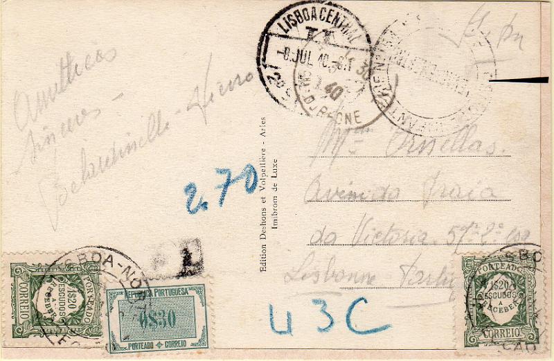 0064.jpg -     Lote:    64      J. M. Castanheira da Silveira             Descrição:         1922/27 &mdash; Porteado. Emissão regular. Unicolor. Postal ilustrado duplo (colados entre si) circulado de Paris (09.10.25) para Lisboa, sem franquia. Foi porteada pelo dobro do porte em falta (1$40x2= 2$80) com selo de 40C e 2x1$20, CE POR38 e 44.        Carta       Valor Base:     &euro; 20,00     Valor Venda:     &euro;      