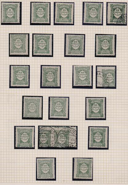 0066.jpg -     Lote:    66      J. M. Castanheira da Silveira             Descrição:         1922/27 &mdash; Porteado. Emissão regular. Unicolor. CE POR 28/44. Série completa em novo + selos com tonalidades e denteados deslocados. Lote a ver.        ***/O       Valor Base:     &euro; 12,00     Valor Venda:     &euro;      