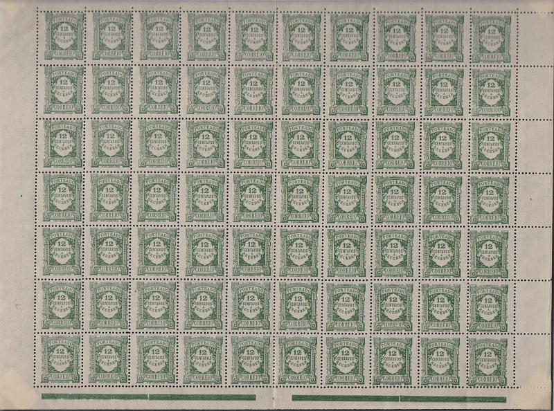 0067.jpg -     Lote:    67      J. M. Castanheira da Silveira             Descrição:         1922/27 &mdash; Porteado. Emissão regular. Unicolor. CE POR32, 12c verde. Folha completa com 70 selos. Valor de catálogo &euro;98,00.        ***       Valor Base:     &euro; 15,00     Valor Venda:     &euro;      