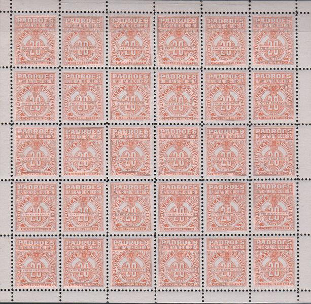 0072.jpg -     Lote:    72      J. M. Castanheira da Silveira             Descrição:         1925 &mdash; Porteado. Imposto Postal. Padrões da Grande Guerra. CE IP POR1, 20c laranja. Folha completa com 30 selos. O catálogo indica folhas de 6x10 selos, porém as folhas são de 6x5 selos. Valor de catálogo &euro; 36,00        ***       Valor Base:     &euro; 8,00     Valor Venda:     &euro;      
