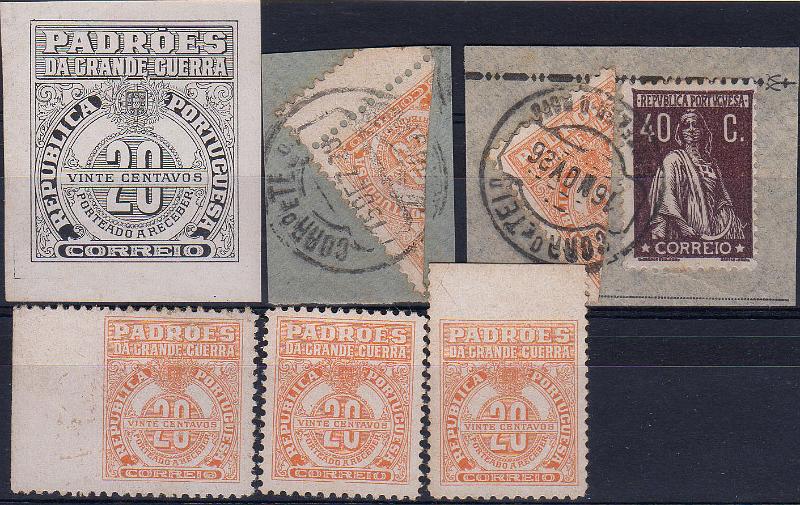 0073.jpg -     Lote:    73      J. M. Castanheira da Silveira             Descrição:         1925 &mdash; Porteado. Imposto Postal. Padrões da Grande Guerra. CE IP POR1, 20c. Lote composto por prova ampliada a preto + dois fragmentos com selos bipartidos + dois selos com falta de denteado vertical e horizontal + selo normal.        Lote       Valor Base:     &euro; 20,00     Valor Venda:     &euro;      