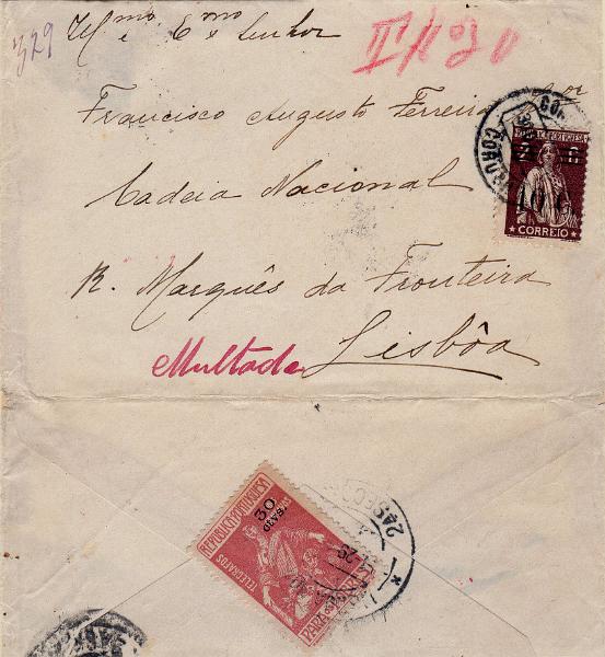0074.jpg -     Lote:    74      J. M. Castanheira da Silveira             Descrição:         1915/25 &mdash; Porteado. Imposto Postal. Para os Pobres. Sobrescito circulado com selo tipo Ceres de 40c s/ 2c chocolate de Coruche (30.12.28) para Lisboa (01.01.29) com falta do selo do impostos postal. Porteado com selo de 30c s/ 2c CE POR11.        Carta       Valor Base:     &euro; 25,00     Valor Venda:     &euro;      