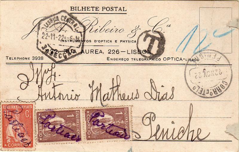 0075.jpg -     Lote:    75      J. M. Castanheira da Silveira             Descrição:         1922 &mdash; Porteado. Selos de recurso do porteado. 1912/17 &mdash; Ceres. Postal ilustrado circulado de Lisboa (22.11.22) para Peniche (22.11.22) sem franquia. Foi porteado com o dobro da franquia em falta com selos de 10c CE 215 e 2x1c CE221. MR.        PI       Valor Base:     &euro; 50,00     Valor Venda:     &euro;      