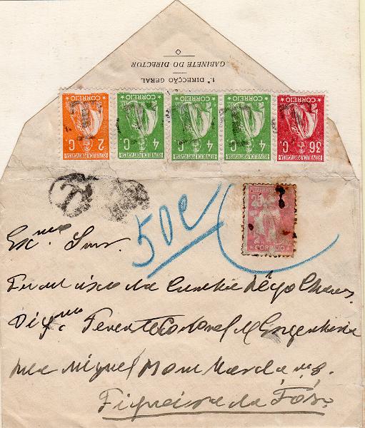 0077.jpg -     Lote:    77      J. M. Castanheira da Silveira             Descrição:         1922 &mdash; Porteado. Selos de recurso do porteado. 1917/22 &mdash; Ceres. Sobrescrito circulado de Lisboa para a Figueira da Foz com selo tipo Ceres de 25c sem condições regulamentares, tendo sido considerado nulo. Foi porteado com o dobro da franquia em falta com selos de 2c, 3x4c e 36c = 50c. CE 223, 224 e 242. MR.        Carta       Valor Base:     &euro; 50,00     Valor Venda:     &euro;      