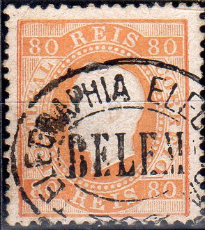 0079.jpg -     Lote:    79      J. M. Castanheira da Silveira             Descrição:         Carimbos da telegrafia elétrica. 1870/76 &mdash; D. Luís I. Fita direita. CE42, 80 reis laranja, denteado 12 &frac12;, papel porcelana, obliterado com carimbo batido a preto "TELEGRAPHIA ELECTRICA / BELEM". MB.        O       Valor Base:     &euro; 15,00     Valor Venda:     &euro;      