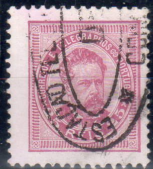 0080.jpg -     Lote:    80      J. M. Castanheira da Silveira             Descrição:         Carimbos da telegrafia elétrica. 1884/87 &mdash; D. Luís I. De frente. CE63, 25 reis, denteado 11 &frac12;, papel porcelana. Obliterado com carimbo batido a preto "ESTAÇÃO TELEGRAPHO POSTAL / DE / COIMBRA.        O       Valor Base:     &euro; 10,00     Valor Venda:     &euro;      