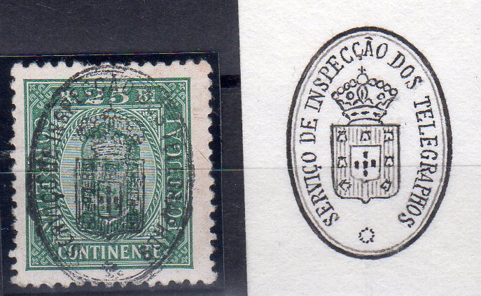 0082.jpg -     Lote:    82      J. M. Castanheira da Silveira             Descrição:         Carimbos da telegrafia elétrica. 1892/93 &mdash; D. Carlos I tipo Diogo Neto. CE70, 25 reis verde, denteado 11 &frac12;, papel porcelana. Obliterado com carimbo oval batido a preto "SERVIÇO DE INSPECÇÃO DOS TELEGRAPHOS". Acompanha carimbo desenhado por Eduardo Silva.        O       Valor Base:     &euro; 20,00     Valor Venda:     &euro;      