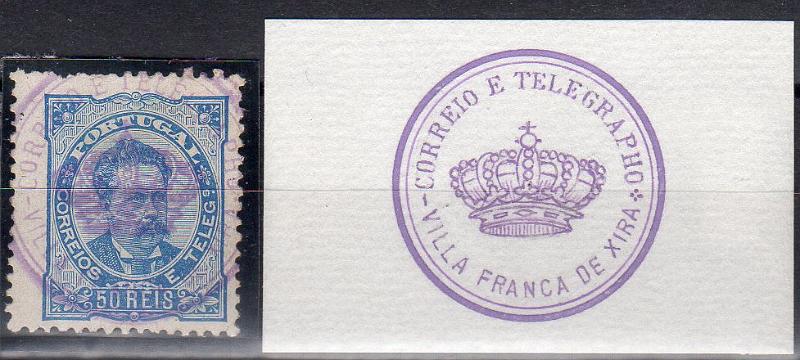 0083.jpg -     Lote:    83      J. M. Castanheira da Silveira             Descrição:         Carimbos da telegrafia elétrica. 1882/83 &mdash; D. Luís I. De frente. CE58, 50 reis azul, denteado 12 &frac12;, papel porcelana. Obliterado com carimbo batido a violeta, com coroa real "CORREIO E TELEGRAPHO / VILLA FRANCA DE XIRA". MB e MR. Acompanha carimbo desenhado por Eduardo Silva.        O       Valor Base:     &euro; 25,00     Valor Venda:     &euro;      