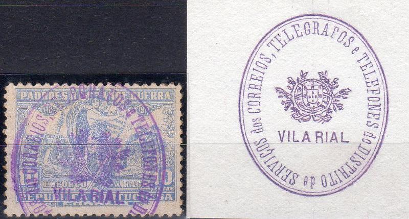 0084.jpg -     Lote:    84      J. M. Castanheira da Silveira             Descrição:         Carimbos da telegrafia elétrica. 1925 &mdash; Imposto Postal. Padrões da Grande Guerra. CE IP15, 10c azul. Obliterado com carimbo oval batido a violeta "SERVIÇOS DOS CORREIOS, TELEGRAFOS E TELEFONES DO DISTRITO DE / VILA RIAL / ESCUDO NACIONAL". Acompanha carimbo desenhado por Eduardo Silva.        O       Valor Base:     &euro; 20,00     Valor Venda:     &euro;      