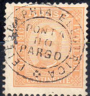 0085.jpg -     Lote:    85      J. M. Castanheira da Silveira             Descrição:         Carimbos da telegrafia elétrica. 1892/93 &mdash; D. Carlos I tipo Diogo Neto. CE68, 5 reis LARANJA, denteado 11 &frac12;, papel porcelana. Obliterado com carimbo batido a preto "TELEGRAPHIA ELECTRICA / PONTA DO PARGO". MB e MR.        O       Valor Base:     &euro; 25,00     Valor Venda:     &euro;      