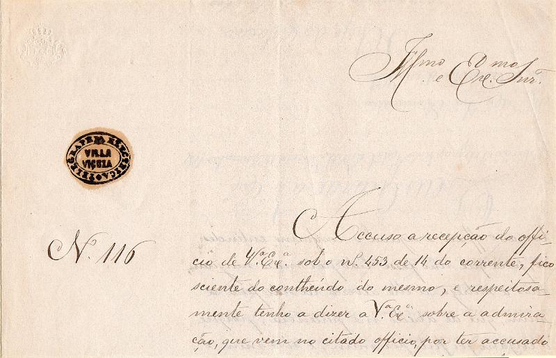 0092.jpg -     Lote:    92      J. M. Castanheira da Silveira             Descrição:         Carimbos da telegrafia elétrica. Ofício da Estação Telegrapho-Postal de Vila Viçosa, sobre assunto relativo à devolução de correspondências ao remetente, obliterado com carimbo batido a preto "TELEGRAPHIA ELÉCTRICA / VILLA / VIÇOZA".        DOC       Valor Base:     &euro; 12,00     Valor Venda:     &euro;      