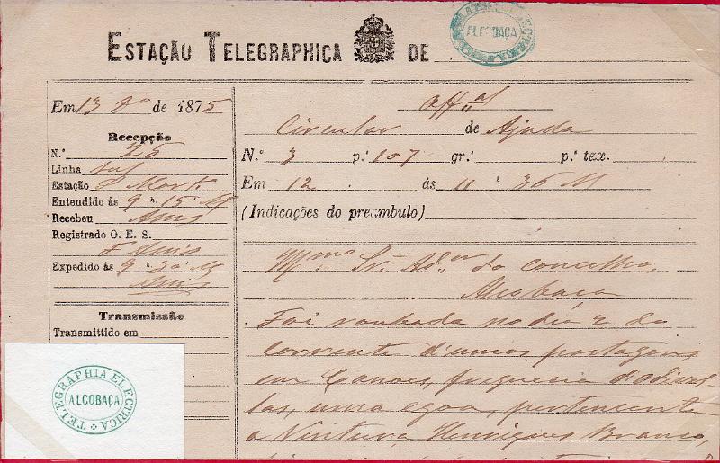 0094.jpg -     Lote:    94      J. M. Castanheira da Silveira             Descrição:         Carimbos da telegrafia elétrica. Telegrama datado de 13.12.1875 da Ajuda para Alcobaça, obliterado com carimbo batido a verde-azul "TELEGRAPHIA ELÉCTRICA / ALCOBAÇA". Acompanha carimbo desenhado por Eduardo Silva.        TLG       Valor Base:     &euro; 15,00     Valor Venda:     &euro;      