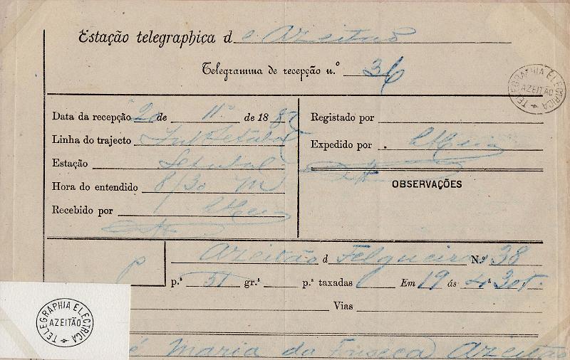 0095.jpg -     Lote:    95      J. M. Castanheira da Silveira             Descrição:         Carimbos da telegrafia elétrica. Telegrama datado de 20.11.82 de Setúbal para Azeitão, obliterado com carimbo batido a preto "TELEGRAPHIA ELÉCTRICA / AZEITÃO". Acompanha carimbo desenhado por Eduardo Silva.        TLG       Valor Base:     &euro; 20,00     Valor Venda:     &euro;      