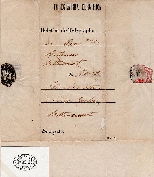 0097.jpg -     Lote:    97      J. M. Castanheira da Silveira             Descrição:         Carimbos da telegrafia elétrica. "Boletim do Telegrapho", obliterado com carimbo batido a preto "TELEGRAPHIA ELÉCTRICA / BARCELLOS". Acompanha carimbo desenhado por Eduardo Silva.        TLG       Valor Base:     &euro; 15,00     Valor Venda:     &euro;      