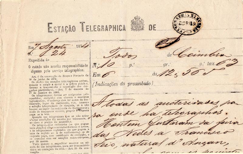 0099.jpg -     Lote:    99      J. M. Castanheira da Silveira             Descrição:         Carimbos da telegrafia elétrica. Telegrama datado de 07.08.74 de Coimbra para Borba, obliterado com carimbo batido a preto "TELEGRAPHIA ELÉCTRICA / BORBA".         TLG       Valor Base:     &euro; 15,00     Valor Venda:     &euro;      