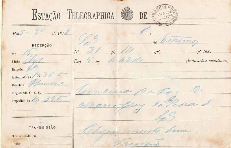 0101.jpg -     Lote:    101      J. M. Castanheira da Silveira             Descrição:         Carimbos da telegrafia elétrica. Telegrama datado de 05.02.78 de Estremoz para Lisboa da Rainha, obliterado com carimbo batido a preto "TELEGRAPHIA ELÉCTRICA / CAES DOS SOLDADOS".         TLG       Valor Base:     &euro; 15,00     Valor Venda:     &euro;      