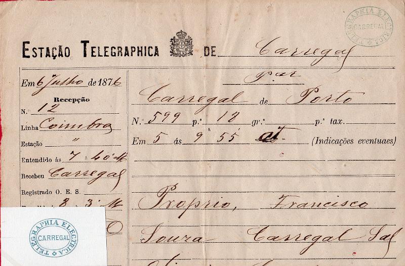 0102.jpg -     Lote:    102      J. M. Castanheira da Silveira             Descrição:         Carimbos da telegrafia elétrica. Telegrama datado de 06.07.76 do Porto para Carregal do Sal, obliterado com carimbo batido a verde-azul "TELEGRAPHIA ELÉCTRICA / CARREGAL". Acompanha carimbo desenhado por Eduardo Silva.        TLG       Valor Base:     &euro; 15,00     Valor Venda:     &euro;      