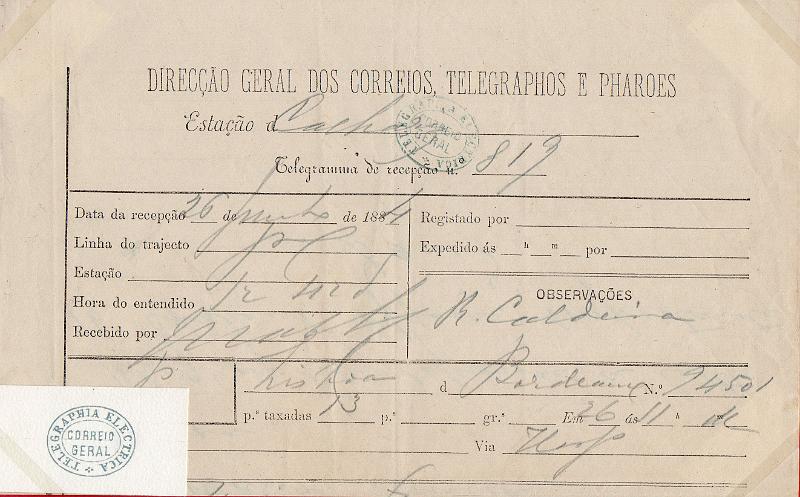 0104.jpg -     Lote:    104      J. M. Castanheira da Silveira             Descrição:         Carimbos da telegrafia elétrica. Telegrama datado de 26.06.84 em Lisboa, obliterado com carimbo batido a verde-azul "TELEGRAPHIA ELÉCTRICA / CORREIO / GERAL". Acompanha carimbo desenhado por Eduardo Silva.        TLG       Valor Base:     &euro; 15,00     Valor Venda:     &euro;      