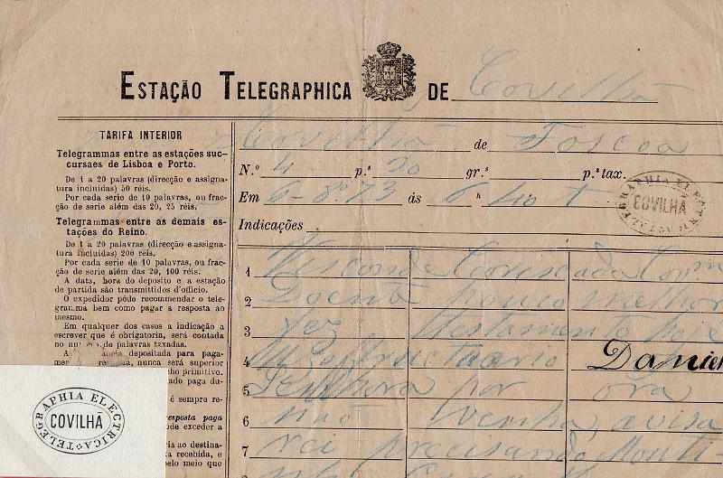 0105.jpg -     Lote:    105      J. M. Castanheira da Silveira             Descrição:         Carimbos da telegrafia elétrica. Telegrama datado de 06.10.73 de Fozcoa para Covilhã, obliterado com carimbo batido a preto "TELEGRAPHIA ELÉCTRICA / COVILHÃ". Acompanha carimbo desenhado por Eduardo Silva.        TLG       Valor Base:     &euro; 15,00     Valor Venda:     &euro;      