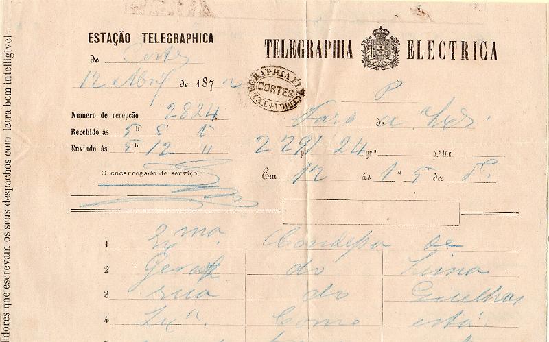 0108.jpg -     Lote:    108      J. M. Castanheira da Silveira             Descrição:         Carimbos da telegrafia elétrica. Telegrama datado de 12.04.72 de Faro para Lisboa, obliterado com carimbo batido a preto "TELEGRAPHIA ELÉCTRICA / CORTES", tipo 1.         TLG       Valor Base:     &euro; 12,00     Valor Venda:     &euro;      