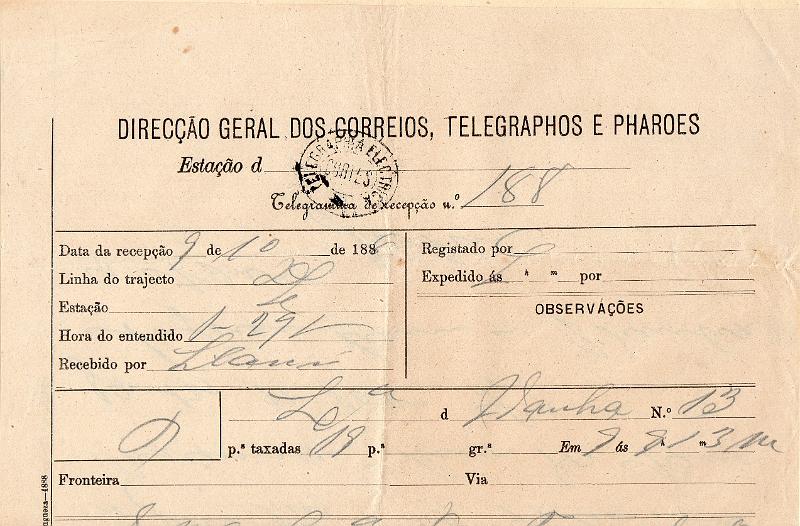 0109.jpg -     Lote:    109      J. M. Castanheira da Silveira             Descrição:         Carimbos da telegrafia elétrica. Telegrama datado de 09.10.80 de Idanha para Lisboa, obliterado com carimbo batido a preto "TELEGRAPHIA ELÉCTRICA / CORTES", tipo 2.         TLG       Valor Base:     &euro; 15,00     Valor Venda:     &euro;      