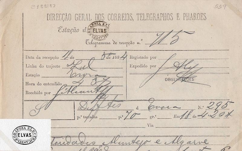 0110.jpg -     Lote:    110      J. M. Castanheira da Silveira             Descrição:         Carimbos da telegrafia elétrica. Telegrama datado de 11.05.84 de Évora para Elvas, obliterado com carimbo batido a preto "TELEGRAPHIA ELÉCTRICA / ELVAS". Acompanha carimbo desenhado por Eduardo Silva.        TLG       Valor Base:     &euro; 15,00     Valor Venda:     &euro;      