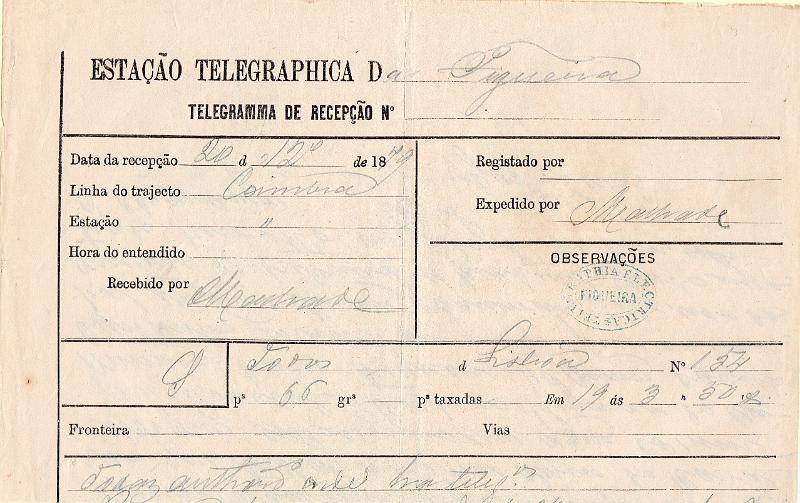 0112.jpg -     Lote:    112      J. M. Castanheira da Silveira             Descrição:         Carimbos da telegrafia elétrica. Telegrama datado de 20.12.79 de Lisboa para Figueira da Foz, obliterado com carimbo batido a azul "TELEGRAPHIA ELÉCTRICA / FIGUEIRA".         TLG       Valor Base:     &euro; 15,00     Valor Venda:     &euro;      